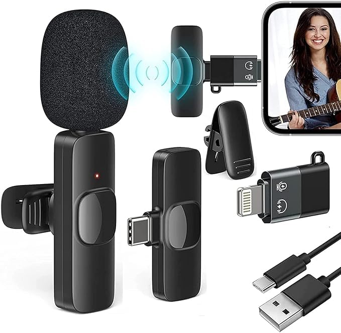 Wireless Microphone 2 in 1 K8, Digital Mini Portable Recording Clip Mic with Receiver for All Type-C Lightning Mobile Phones